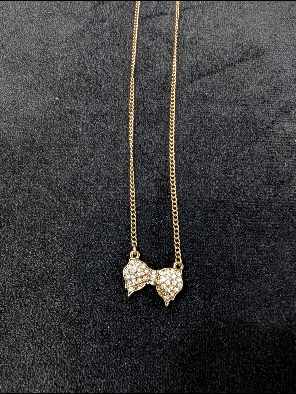 Gold Tone Bow Pendant Necklace with Crystal Accents - Women's Jewelry